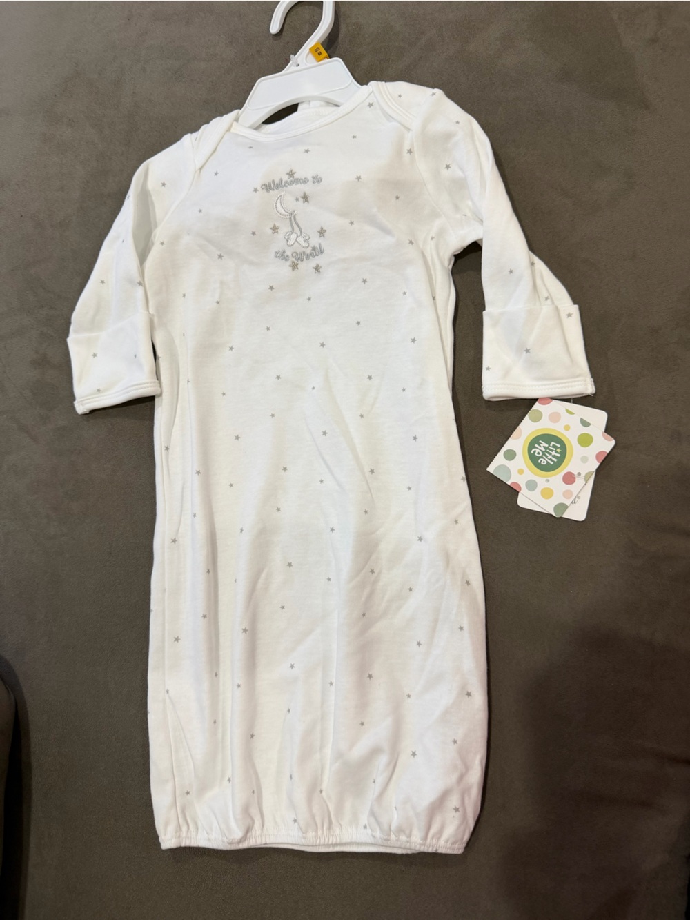 Little Me White Sleepsack with Tiny Gray Stars welcome to the world